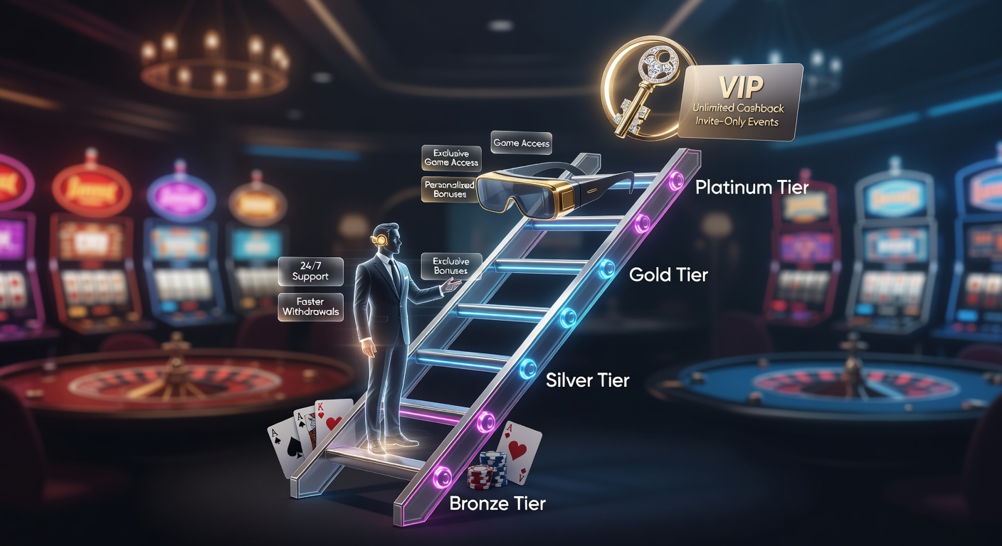 A sleek digital ladder ascending through glowing casino tiers, symbolizing progression in VIP loyalty programs