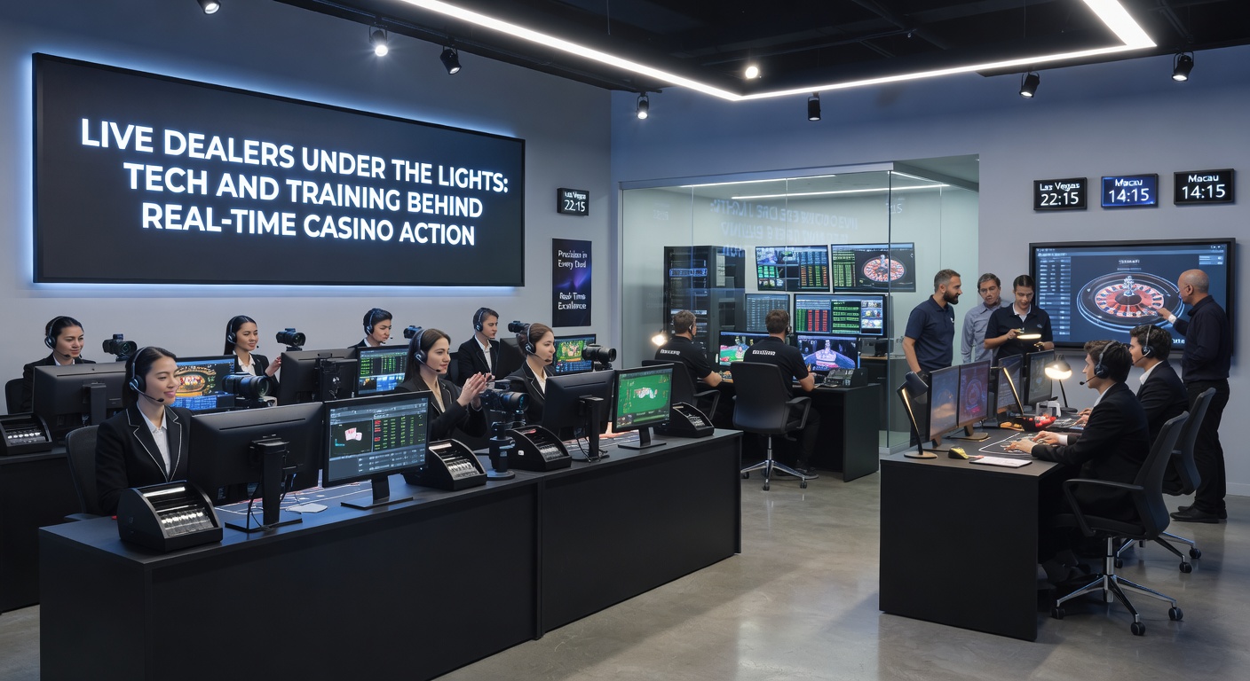 A live dealer at a high-tech casino studio table, surrounded by multiple cameras and bright studio lights, dealing cards in real time to online players