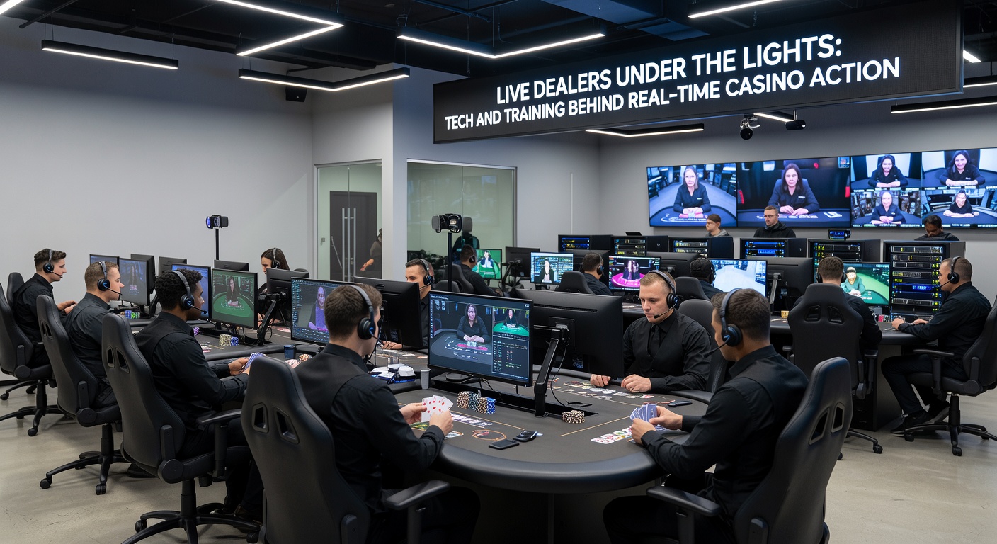 Inside a bustling live casino studio, dealers in professional attire train at replica tables equipped with cameras and monitors, preparing for 24/7 shifts under spotlights