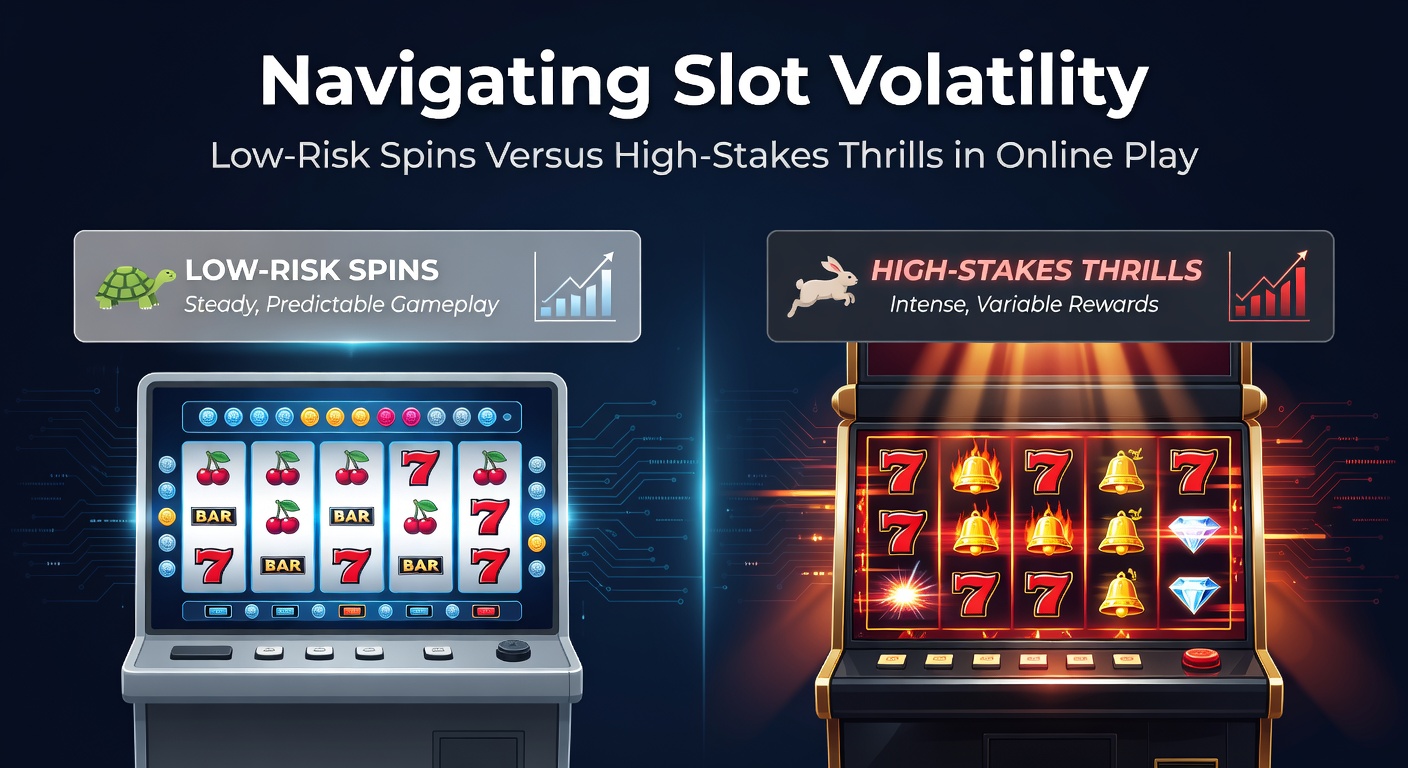 Colorful online slot reels spinning with low and high volatility symbols, illustrating risk levels in digital casino games