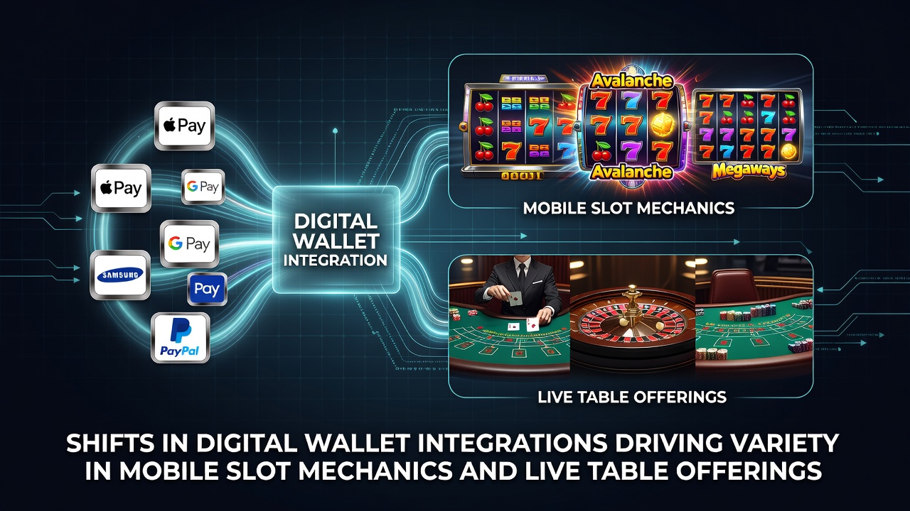 Mobile casino interface showing digital wallet payment options integrated with slot games and live dealer tables