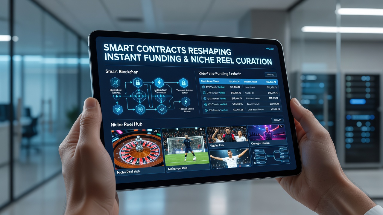 Mobile screen displaying curated niche reels with smart contract verification badges and real-time funding indicators